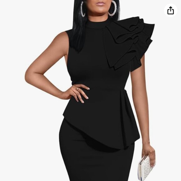 Elegant Cocktail Bodycon Sleeveless Mock Neck Ruffle Formal Midi Pencil Dress Bl - Picture 2 of 7